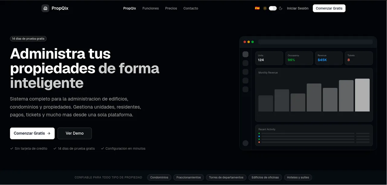 Panel de Propqix mostrando unidades, ocupación e ingresos de una propiedad